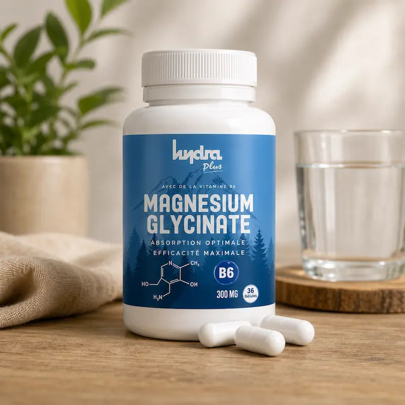 Magnésium Glycinate 300mg Hydra Plus avec vitamine B6 stress sommeil crampes certifié ONSSA Maroc