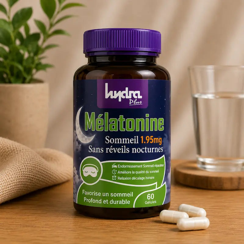 Mélatonine 1.95mg Hydra Plus magnésium B6 endormissement jet-lag certifié ONSSA Maroc