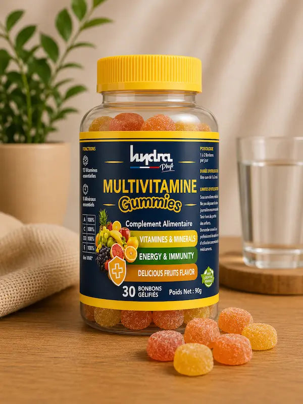 Multivitamine Gummies 11 vitamines + zinc pour énergie & immunité. Format bonbon délicieux. 100% VNR. Certifié ONSSA. Livraison 24-48h Maroc.