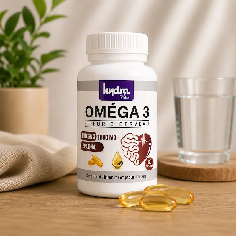 Oméga 3 1000mg EPA DHA huile poisson + lin + olive pour cœur, cerveau, articulations & peau. 60 capsules certifiées ONSSA. Livraison 24-48h Maroc.