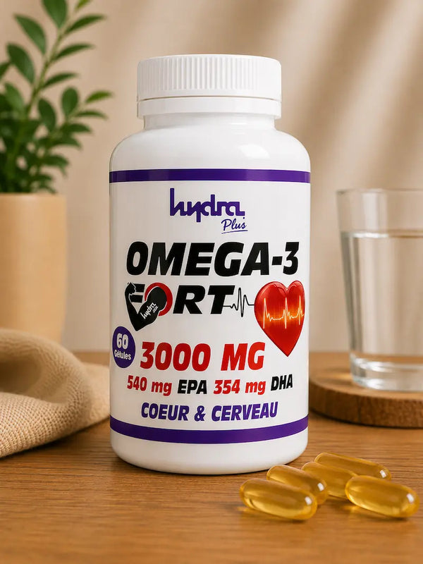 Oméga 3 3000mg EPA DHA Hydra Plus huile poisson purifiée cœur cerveau certifié ONSSA Maroc