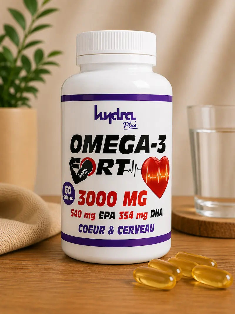 Oméga 3 3000mg EPA DHA Hydra Plus huile poisson purifiée cœur cerveau certifié ONSSA Maroc