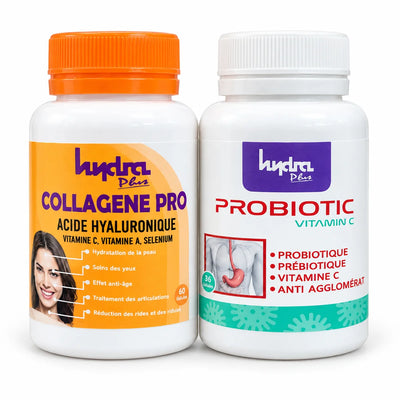 Pack Collagène Pro + Probiotic Vitamine C Hydra Plus – deux flacons sur fond studio clair