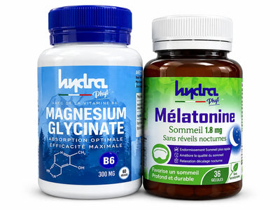 Pack Magnésium Glycinate + Mélatonine Hydra Plus – Magnésium Glycinate 300 mg + Mélatonine 1,8 mg sur fond studio clair