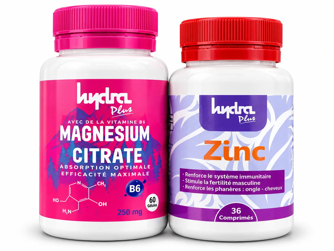 Pack Minéraux Hydra Plus – Magnésium Citrate 250 mg + Zinc 36 comprimés sur fond studio clair