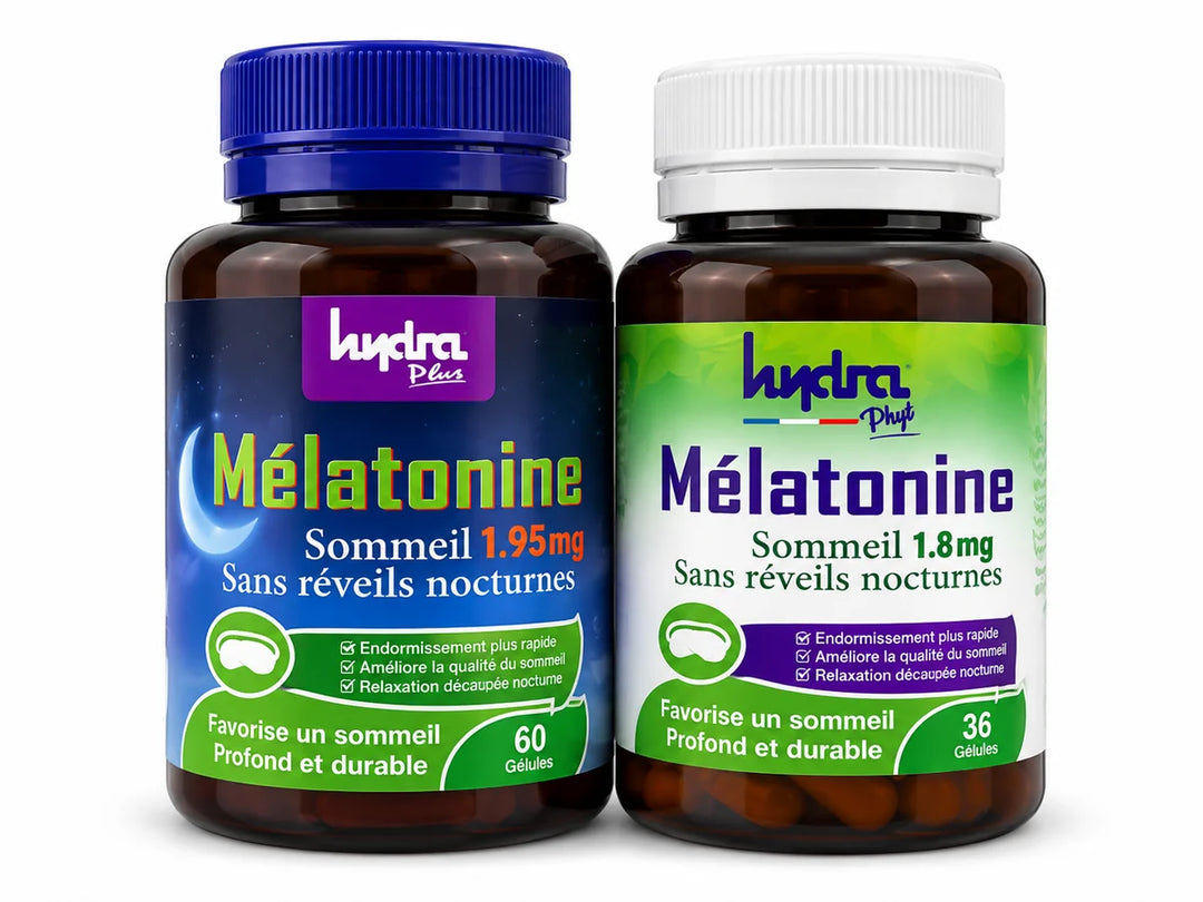 Pack Sommeil Hydra Plus – Mélatonine 1,95 mg 60 gélules + Mélatonine 1,8 mg 36 gélules sur fond studio clair