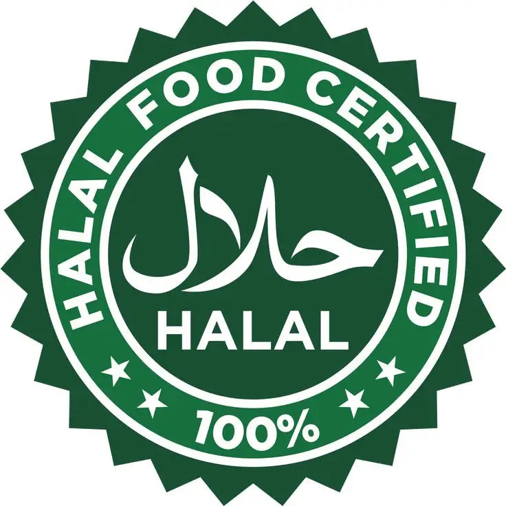 Sceau circulaire vert avec script arabe blanc et texte indiquant « certifié halal » et « 100% ».