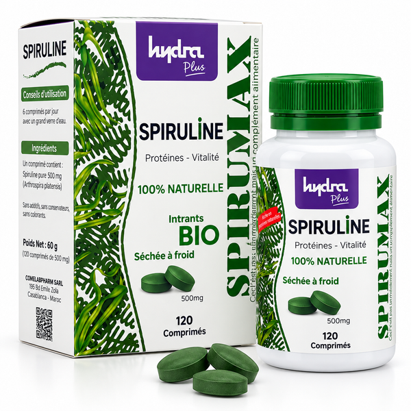 Spiruline Hydra Plus 500 mg 120 comprimés avec boîte et flacon