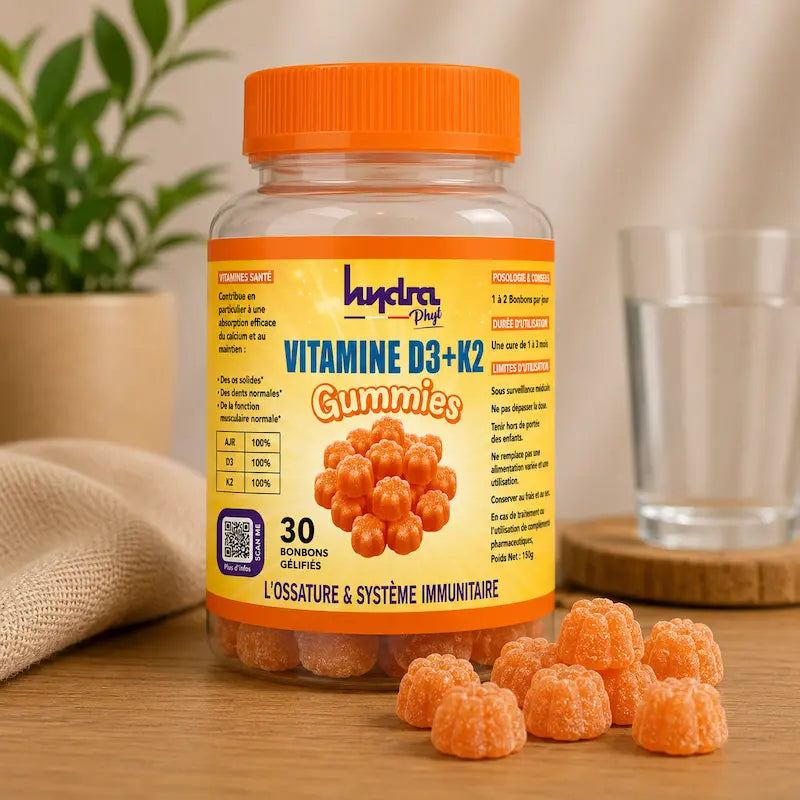 Vitamine D3 K2 Gummies 30 bonbons pour os solides & immunité renforcée. Format gélifié facile. Certifié ONSSA. Livraison 24-48h Maroc.